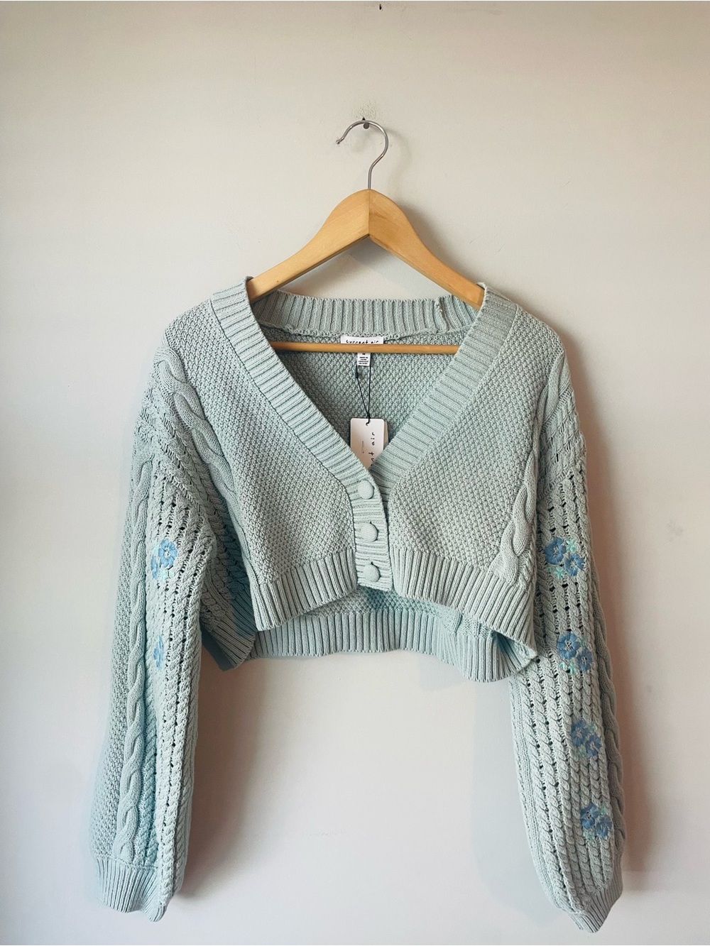 Current + Elliott Knit Cropped Embroidered Cardigan